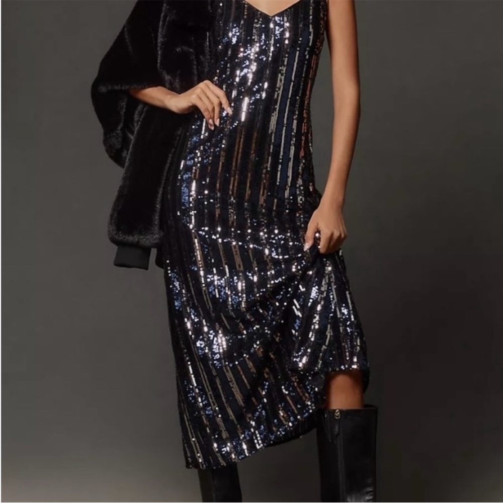 NWT Maeve Anthropologie Black Blue Silver Sequin Dress Small Petite